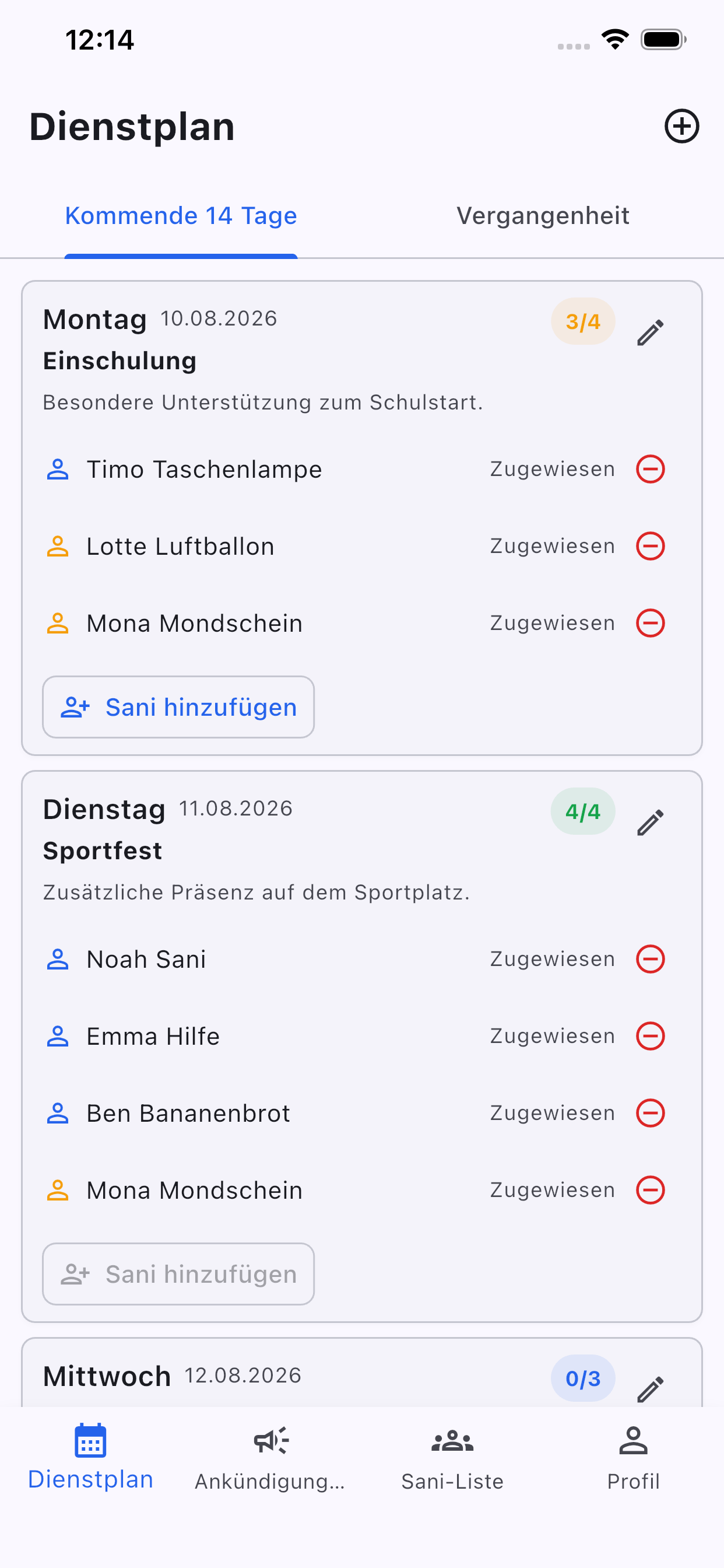 SSD Manager duty plan showing school first-aid assignments