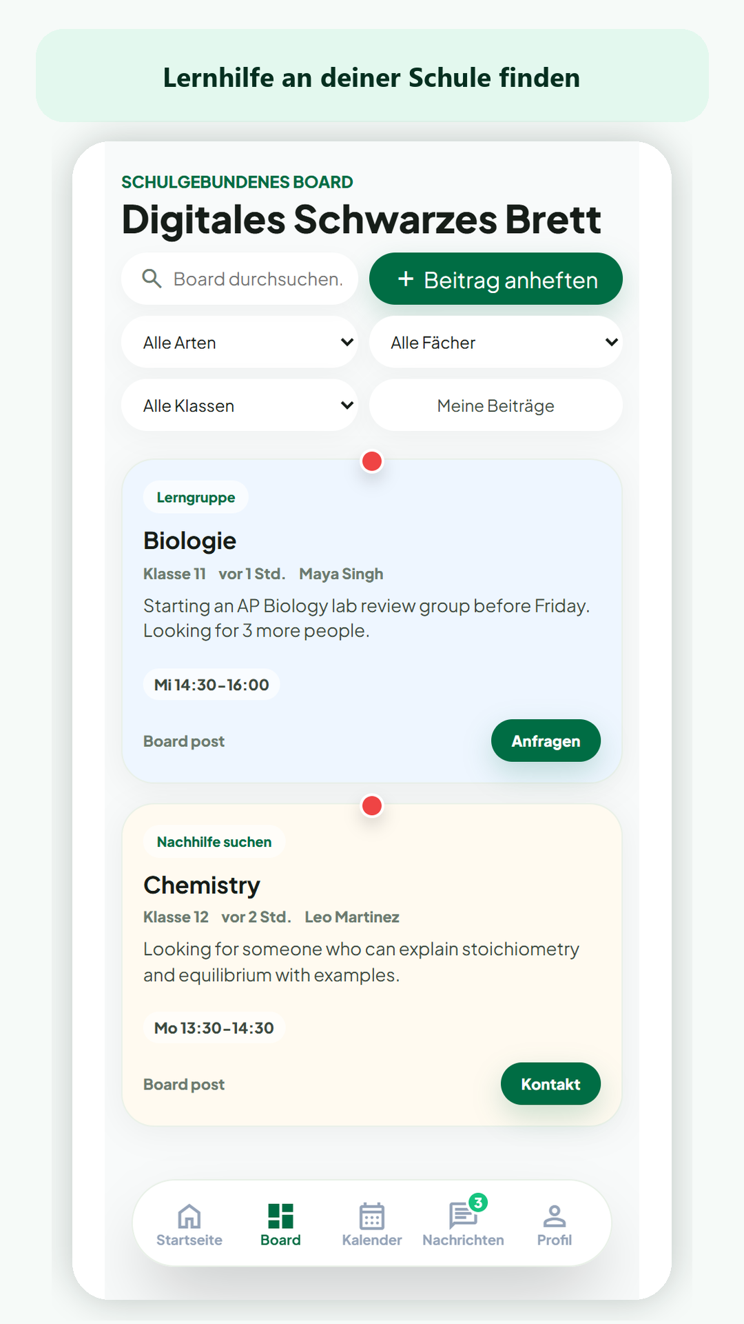 StudyConnect school board with tutoring and study-group posts