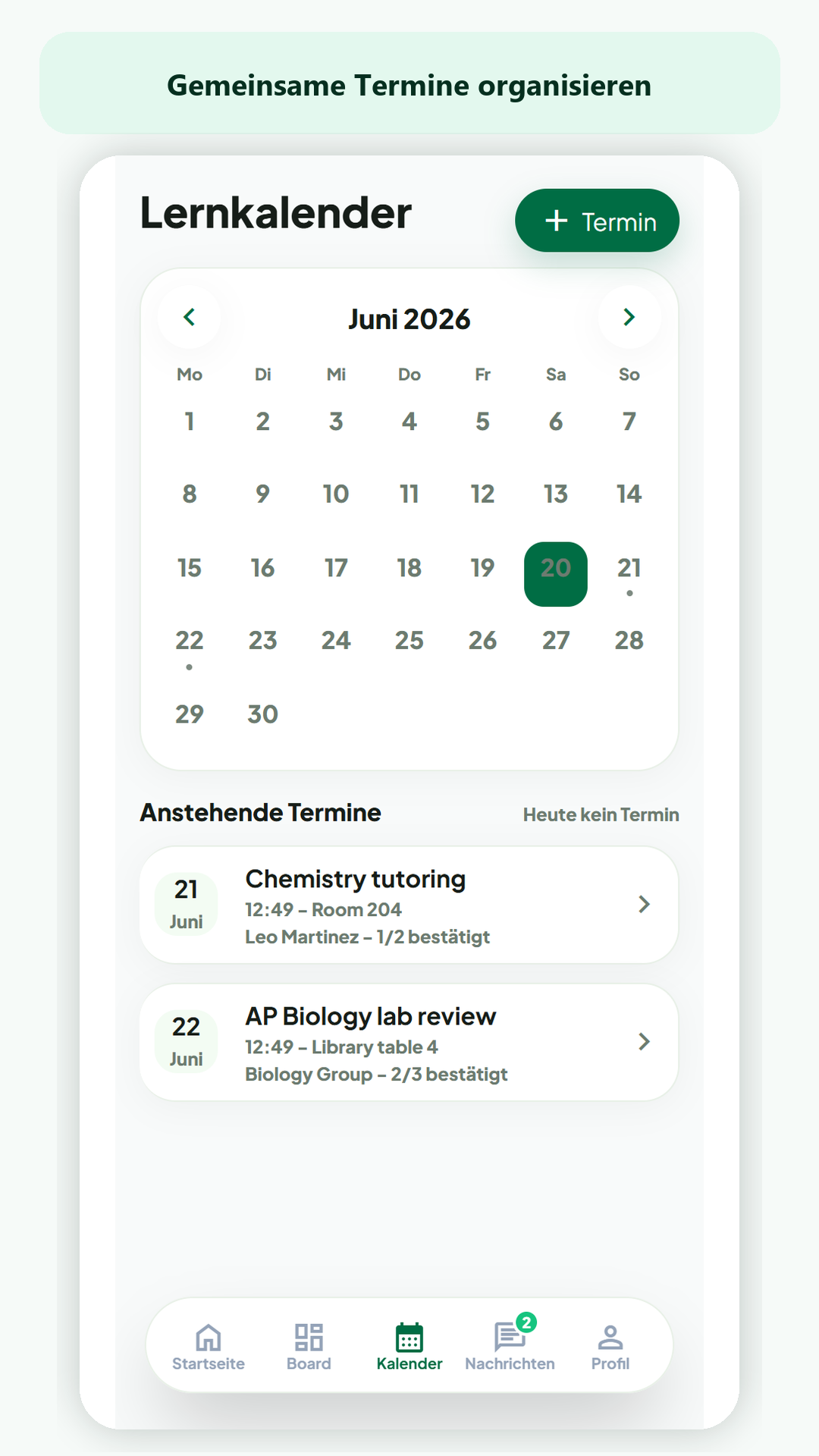 StudyConnect calendar screen
