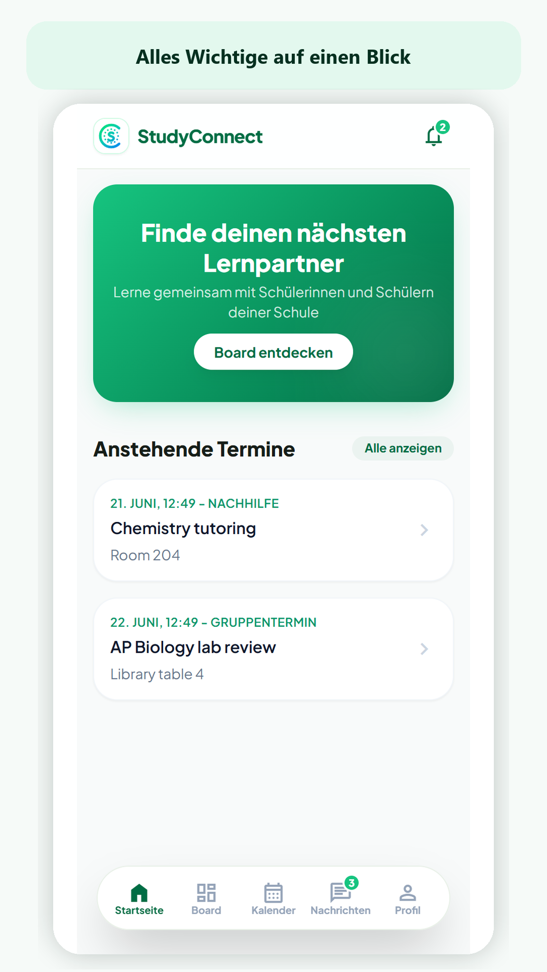 StudyConnect mobile home screen with upcoming tutoring and study-group events