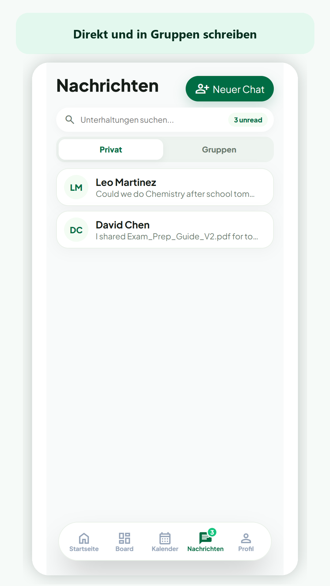 StudyConnect messages screen