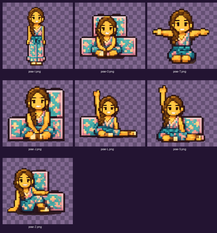Pixel-art pose sheet used to form Tetripil game pieces